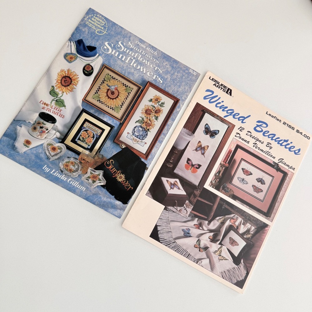 Lot 2 Vintage‎ Cross Stitch Pattern Books Sunflowers Butterflies Floral